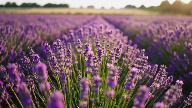 Serene lavender field at sunrise with vibrant purple flowers.
