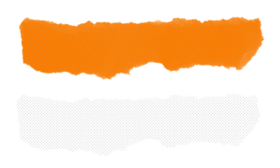 Three torn paper scraps showing white orange and light orange segments textured with small dots on clear base