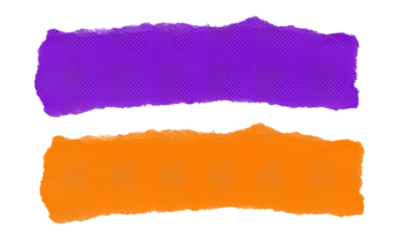 Set of two ragged paper remnants featuring purple and orange colors with fine halftone pattern on transparent