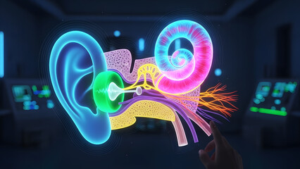 Colorful digital illustration of human ear internal structure with auditory nerves and cochlea