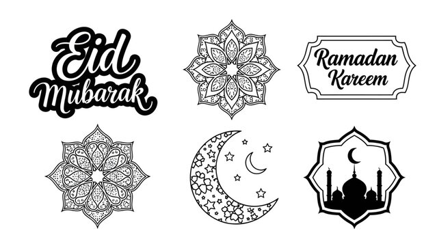 Set Elemen Vektor Ramadan dan Idul Fitri, Ornamen Islami, Bulan Sabit, Siluet Masjid, dan Pola Mandala