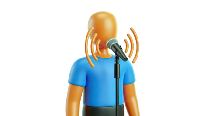 3D Orange Character Speaking into a Microphone with Sound Waves
