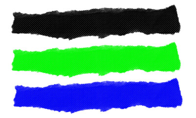 Horizontal torn paper banners in black green and blue shades for web design and social media graphics with unique halftone textured surfaces