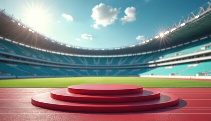 Red podium stands on racetrack in sunny stadium. Sport theme illustration perfect for presentations of sports equipment gear. Empty dais ready for product placement. Bright background with seats,