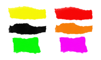 Variety pack of six torn paper pieces in various colors with halftone dot textures isolated on a transparent background