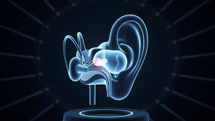 Futuristic medical 3D rendering of human ear anatomy and hearing aid technology on dark background