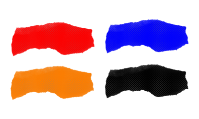 Four torn paper scraps red blue orange and black with dotted texture on transparent checkered background