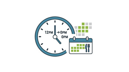 A blue and white clock and calendar icon showing meal planning and scheduling for lunch