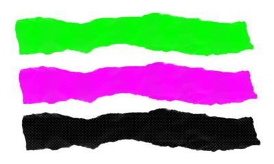 Green magenta and black ripped paper borders set for digital scrapbooking and artistic layouts featuring textured edges and halftone patterns