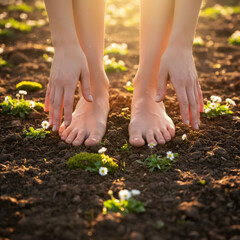 Woman barefoot on fertile soil with hands touching ground. Connection with nature and gardening concept for sustainable living.