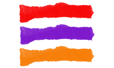 Red purple and orange ripped paper pieces for vibrant design concepts featuring rough edges and dotted halftone texture on transparent base