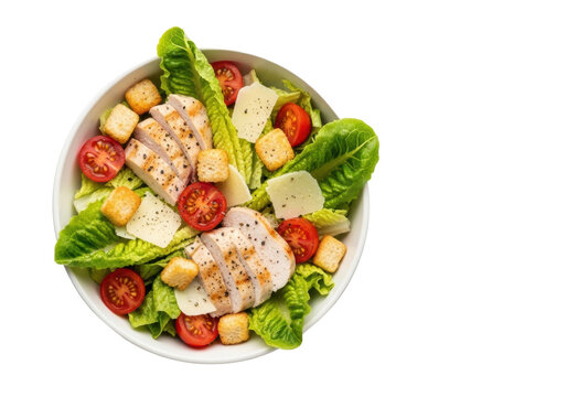 Vibrant Caesar salad, grilled chicken, romaine, croutons, parmesan, tomatoes in white bowl, isolated on transparent, soft daylight, 3/4 overhead, shallow DOF, concept of healthy gourmet food