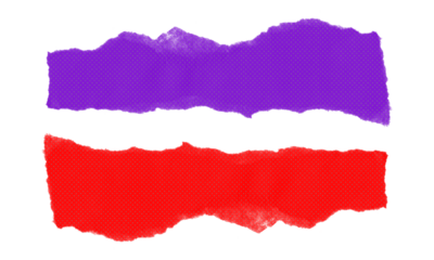 Two large torn paper pieces in deep violet and bold red showing unique jagged outlines and subtle dot patterns for striking visual designs