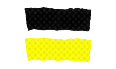 Two thick rectangular torn paper sections in black and yellow with high contrast halftone dot pattern for warnings or industrial typography