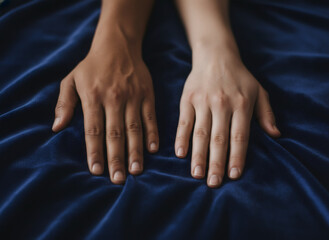 Caucasian woman and african american woman hands close up on a dark blue fabric. Concept of diversity, equality, and unity for social issues.