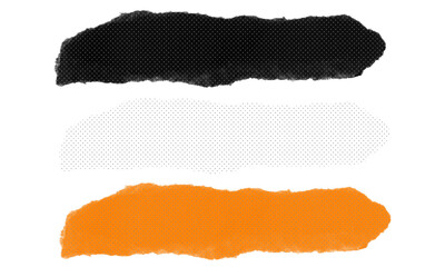 Set of three torn paper strips with halftone dots on transparent background, horizontal ripped paper textures for banners