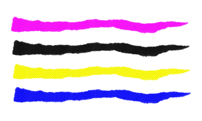 Set of torn paper edges in vibrant pink black yellow and blue colors with halftone dot texture on a transparent grid background