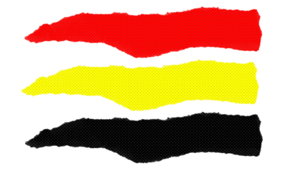 Set of three large textured torn paper strips in red yellow and black with halftone dot effect isolated on transparent background