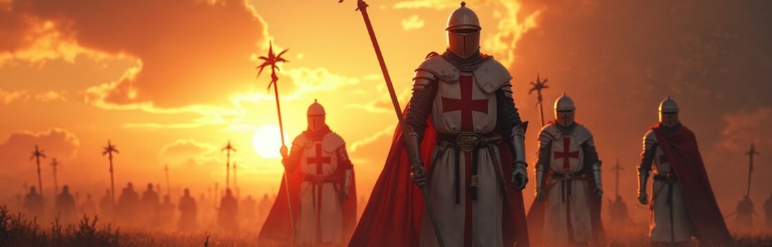 Knights Templar march across field at sunset. Warriors with red cross on chest armor, cloaks with helmets head to sun. Crusade concept of faith, power, medieval history.