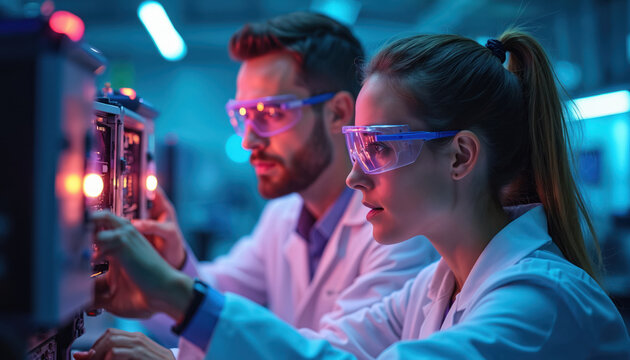 Two scientists in lab coats examine equipment. They wear safety glasses and work in a tech facility. Electronic devices and research create a scientific environment.