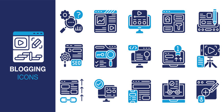 Blogging Icon set. Containing copy, editing, draft, idea, creative, niche, website and more. Solid vector icons collection. Vector illustration.