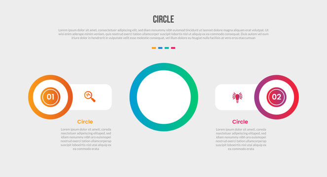 Circle base shape infographics gradient template diagram with big circle center and small circle each side direction with 2 point step creative
