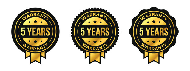 5 years warranty logo set with golden ribbon and stars in circle vector illustration. For icon, sign, symbol, badge, stamp, seal, label, shield, stickers, certificate, seal, lifetime, illustration