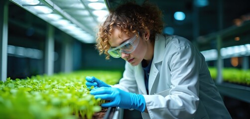 Scientist in lab coat, goggles examines small plants under bright grow lights. Researcher studies plant growth in controlled indoor agricultural setting, focusing on crop development, innovation.