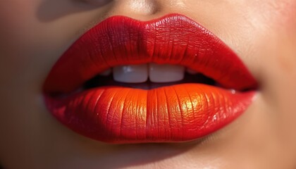 Extreme close-up shows lips with red to orange sunset ombre effect. Velvety smooth texture highlighted by diffused lighting creating artistic, striking makeup concept. Cosmetic industry, beauty