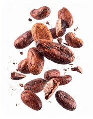 Obraz premium The Dance of Chocolate: A close-up shot capturing the elegant dance of cocoa beans and pieces, showcasing their rich textures and earthy colors against a captivating backdrop.