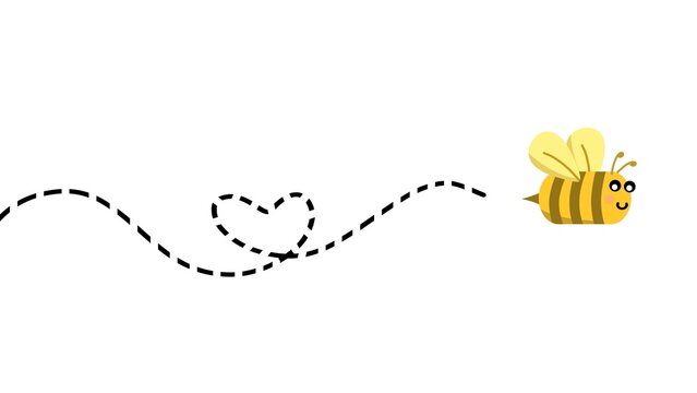 Smiling bee flying with a dashed heart-shaped trail. Flying bee with a looping heart trail in the air.