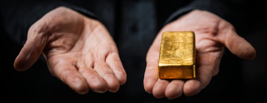 Person holding gold bar in open hands with dark background   - Powered by Adobe