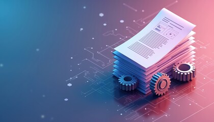 Papers stack, gears signify workflow automation. Digital background suggests process optimization. Tech enhances productivity through efficient management solutions for business. Innovation drives