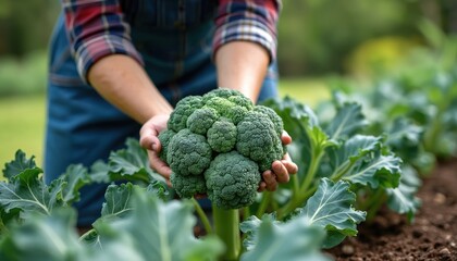 Farmer holds fresh broccoli harvested from garden bed. Green vegetable plant grows in soil. Healthy organic food cultivation, closeup view of produce.