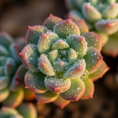 Close up of succulent plant with dew drops.
