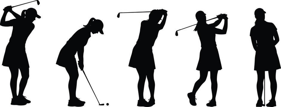 Female golf player silhouette set, professional woman golfer swinging club, sports activity icons, lady golfer training poses, black vector shapes on white background