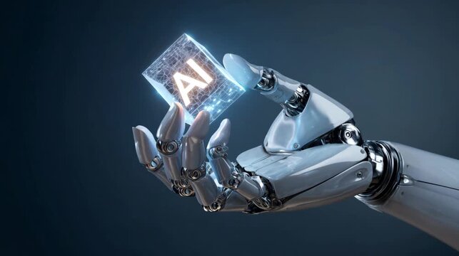 Robotic hand holding a glowing cube with the acronym ai, representing artificial intelligence
