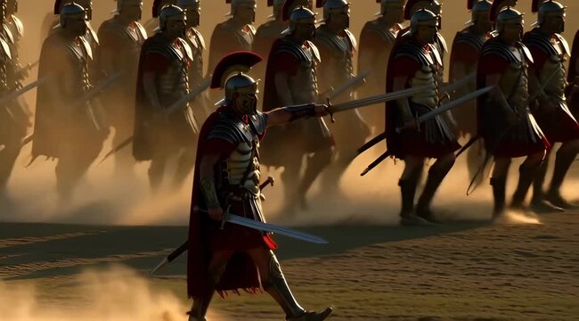 Powerful Roman Legionary Soldiers Marching in Ancient Empire Battle Formation