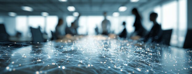 Digital table with glowing connections in office, representing flow of information and collaboration through technology  