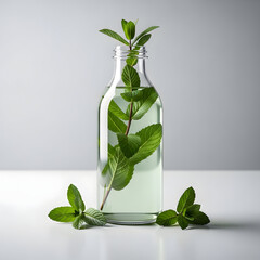 Fresh Green Mint Leaves in Glass Bottle.