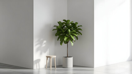 Potted Plant in Minimalist White Room Interior.