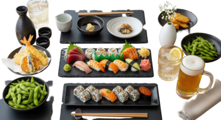 Overhead flat lay of a diverse Japanese food spread: vibrant sushi, fresh sashimi, tempura, edamame, sake, beer on a dark slate table with soft background. Culinary cultural appreciation concept