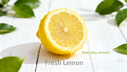 Half Sliced Lemon With Leaf On White Surface