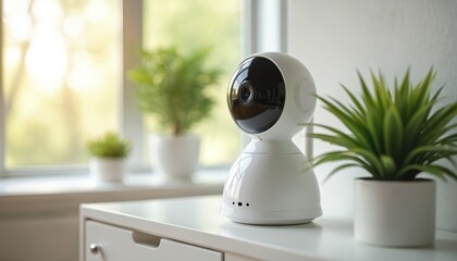 White home security camera sits on shelf near green potted plants. Device offers remote monitoring and protects occupants. Indoor ip camera ensures safety and alerts.