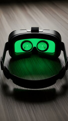 Virtual Reality Headset on Wooden Surface.