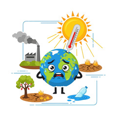 Fototapeta premium Sad Earth Character Suffering from Global Warming and Pollution