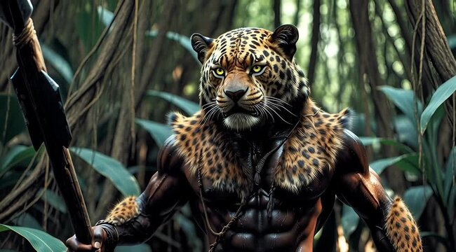 Powerful Anthropomorphic Jaguar Warrior Roaring with Spear in Lush Jungle Wilderness