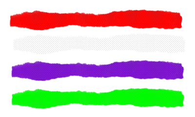 Collection of four horizontal strips of torn paper in vibrant red white purple and bright green colors set against clear canvas