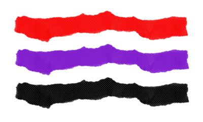 Collection of three horizontal torn paper strips featuring vibrant red purple and black colors against a transparent background