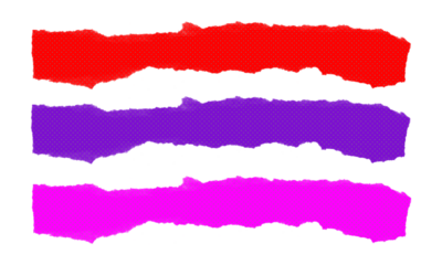 Three horizontal ripped paper segments displaying bright red purple and magenta hues with textured surface on clear background